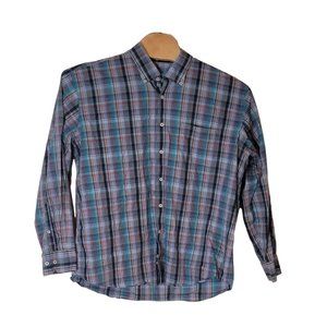 Alan Flusser Long Sleeve Button Down Shirt Blue‎ Red Plaid Men's Size 2XL, XXL